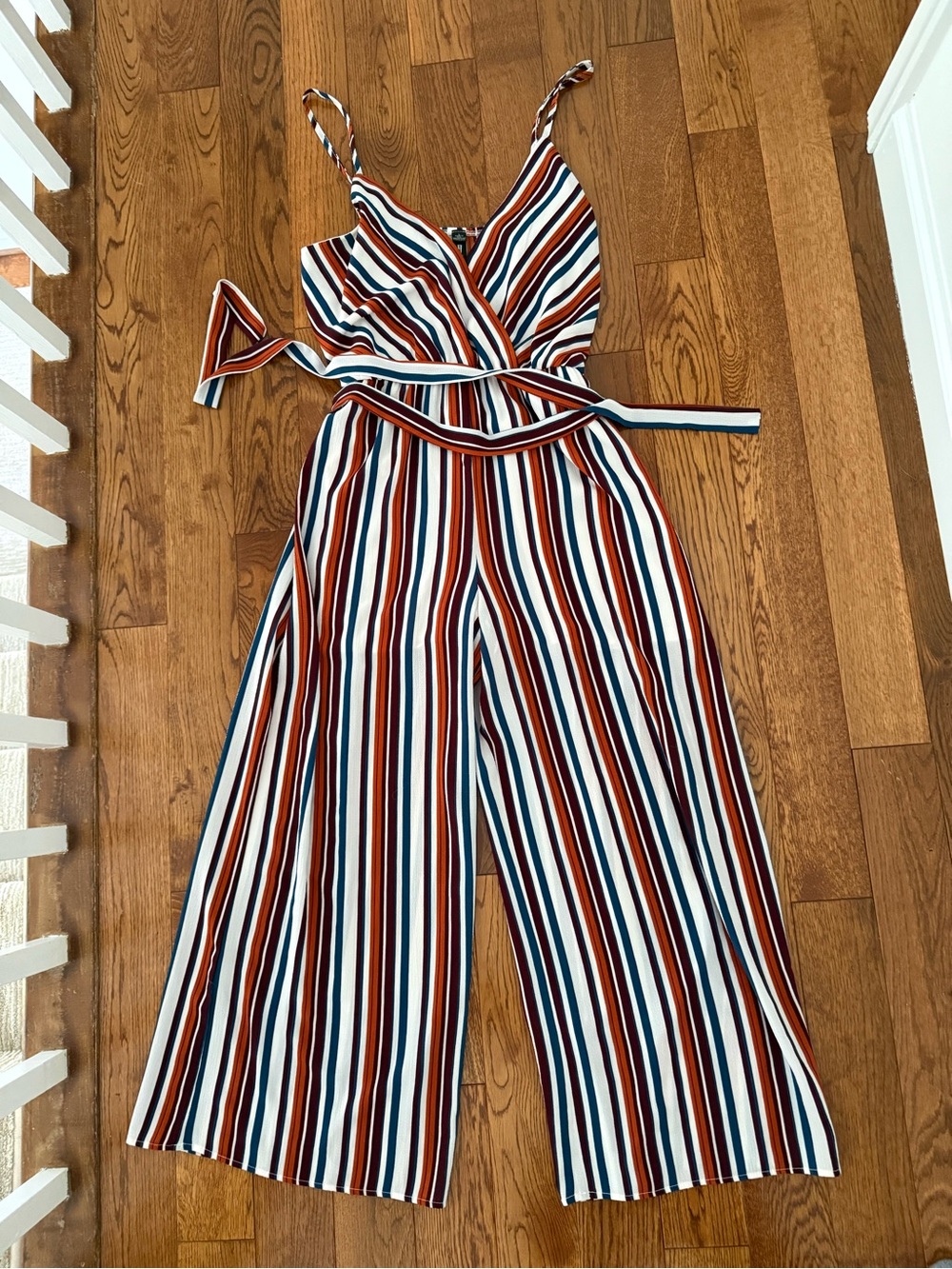 Design Lab Lord & Taylor Striped Wrap Jumpsuit in White, Navy & Rust